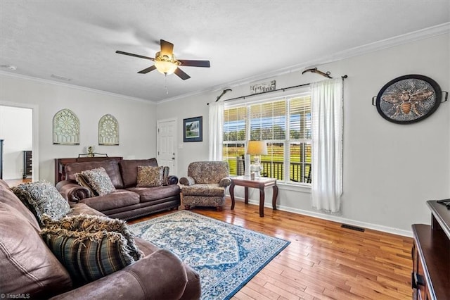 6770 Cotton Rd, Gibsonville, NC 27249 - living room with ceiling fan, wood-type flooring, ornamental molding, and a textured ceiling
