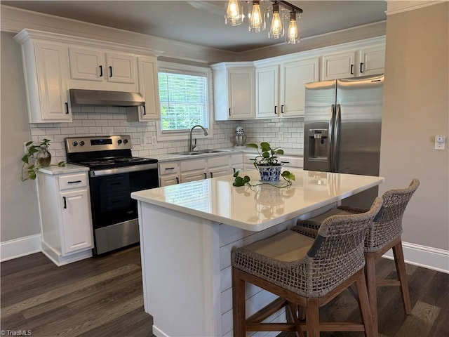 6472 S NC Highway 801 S, Mocksville, NC 27028 - kitchen with appliances with stainless steel finishes, exhaust hood, dark wood-style floors, and white cabinetry