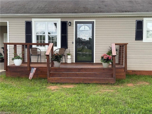 6472 S NC Highway 801 S, Mocksville, NC 27028 - view of exterior entry with roof with shingles, covered porch, and a yard