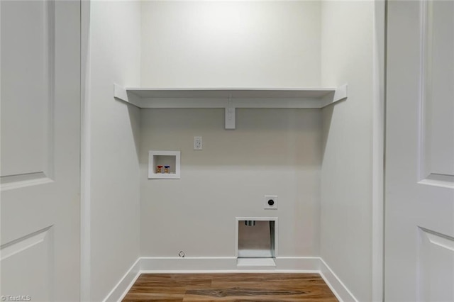 laundry area with hookup for an electric dryer, wood-type flooring, hookup for a gas dryer, and washer hookup