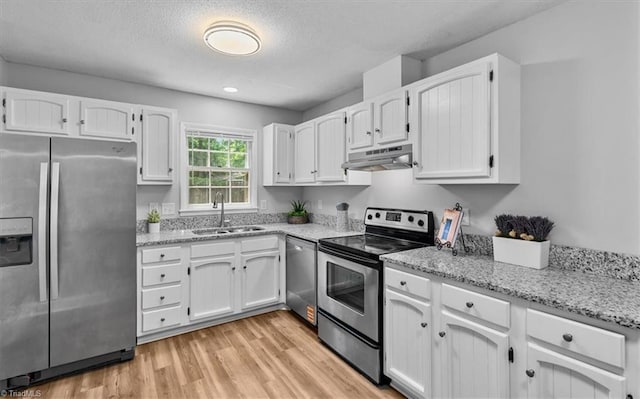 4 Manard Ct, Greensboro, NC 27407 - kitchen with appliances with stainless steel finishes, a sink, under cabinet range hood, white cabinetry, and light wood finished floors