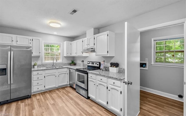 4 Manard Ct, Greensboro, NC 27407 - kitchen with stainless steel appliances, a sink, under cabinet range hood, and white cabinetry