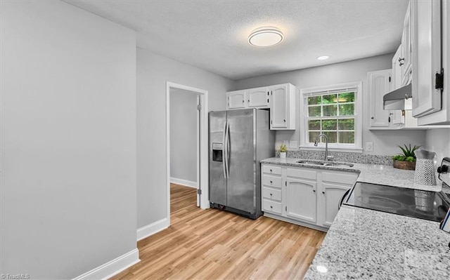 4 Manard Ct, Greensboro, NC 27407 - kitchen featuring a sink, stainless steel fridge, white cabinetry, range with electric cooktop, and under cabinet range hood