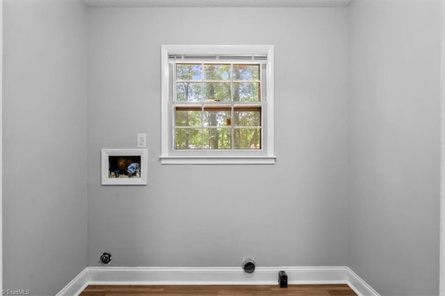 4 Manard Ct, Greensboro, NC 27407 - laundry room featuring washer hookup, wood finished floors, baseboards, and hookup for an electric dryer