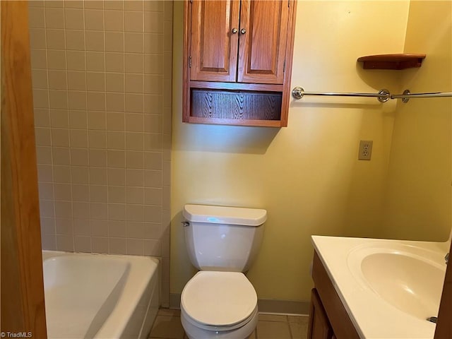 full bathroom with plus walk in shower, tile patterned flooring, toilet, and vanity