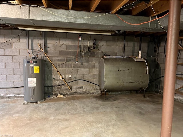 basement with electric panel and water heater