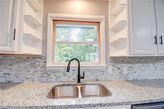 3422 Greenhill Dr, High Point, NC 27265 - kitchen with white cabinets, a sink, tasteful backsplash, and open shelves