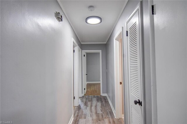 hall with ornamental molding and light hardwood / wood-style flooring