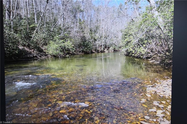 property view of water featuring a forest view