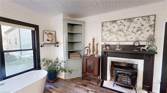 interior space featuring hardwood / wood-style floors, a tub, a wood stove, and plenty of natural light