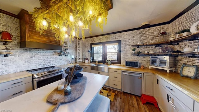 kitchen featuring stainless steel appliances, sink, butcher block countertops, dark hardwood / wood-style floors, and brick wall