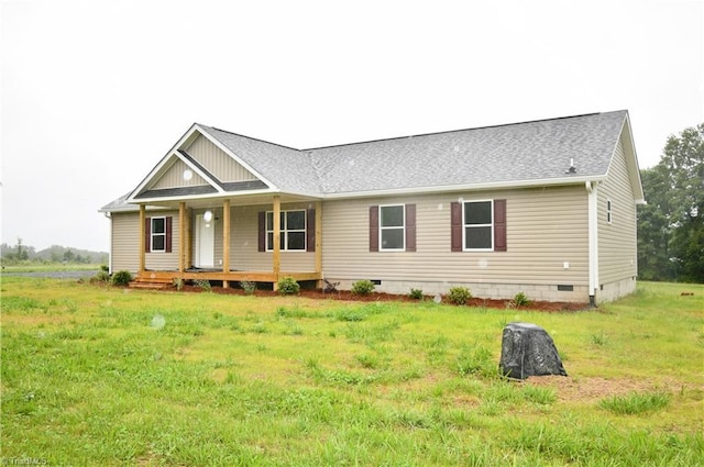 572 Kirby Bowman Rd, Siloam, NC 27047 - view of front facade featuring crawl space, a porch, roof with shingles, and a front lawn