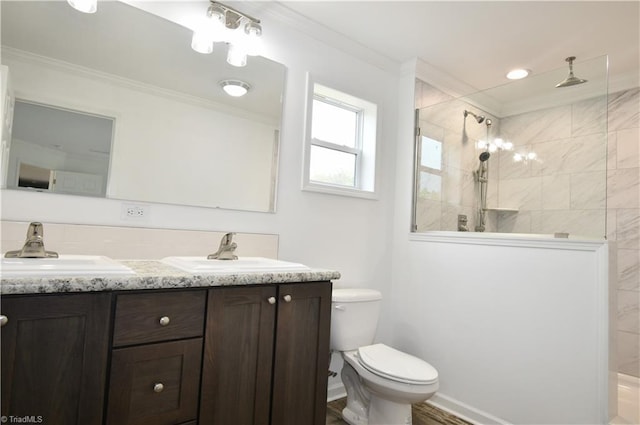 572 Kirby Bowman Rd, Siloam, NC 27047 - full bathroom featuring ornamental molding, double vanity, a walk in shower, and toilet