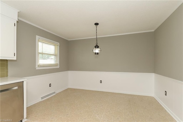 unfurnished dining area with light floors, ornamental molding, and visible vents