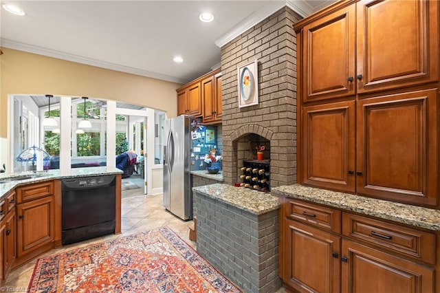 3805 Tangle Oak Dr, Clemmons, NC 27012 - kitchen with black dishwasher, stainless steel refrigerator with ice dispenser, crown molding, recessed lighting, and light stone counters