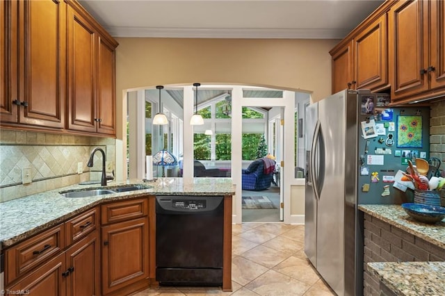 3805 Tangle Oak Dr, Clemmons, NC 27012 - kitchen with black dishwasher, stainless steel fridge, brown cabinetry, backsplash, and light stone counters