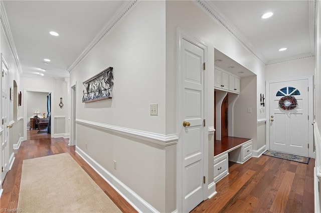3805 Tangle Oak Dr, Clemmons, NC 27012 - mudroom featuring dark wood-style floors, ornamental molding, recessed lighting, and built in study area