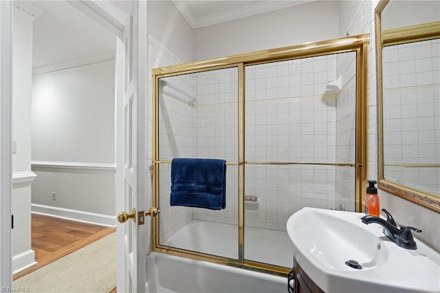 3805 Tangle Oak Dr, Clemmons, NC 27012 - full bathroom with combined bath / shower with glass door, ornamental molding, and vanity