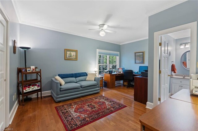 3805 Tangle Oak Dr, Clemmons, NC 27012 - office area featuring ceiling fan, wood finished floors, and ornamental molding