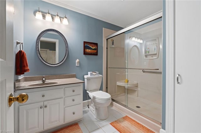 3805 Tangle Oak Dr, Clemmons, NC 27012 - bathroom featuring a stall shower, vanity, tile patterned floors, and crown molding