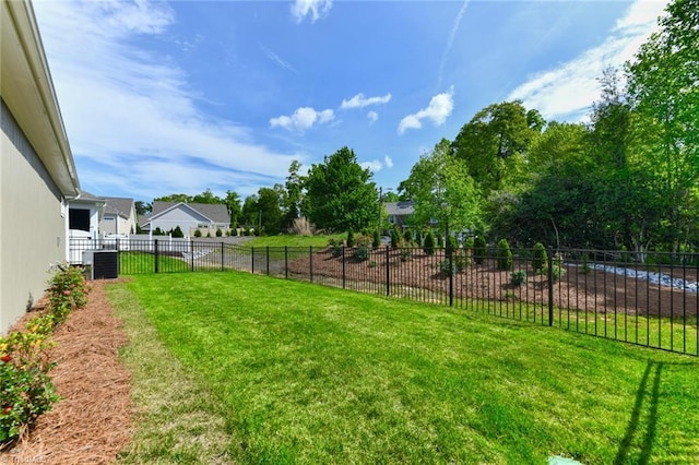 view of yard featuring a fenced backyard and central air condition unit
