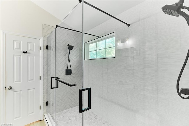 interior space with a stall shower
