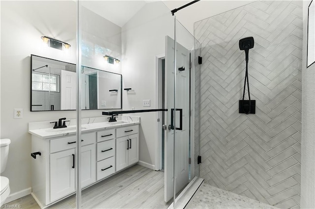 bathroom with double vanity, wood finished floors, toilet, a shower stall, and a sink