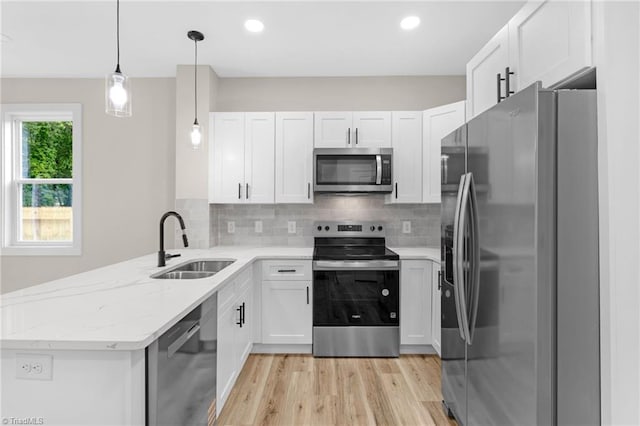 3630 Old Vineyard Rd, Winston-Salem, NC 27104 - kitchen with appliances with stainless steel finishes, a sink, a peninsula, white cabinets, and recessed lighting