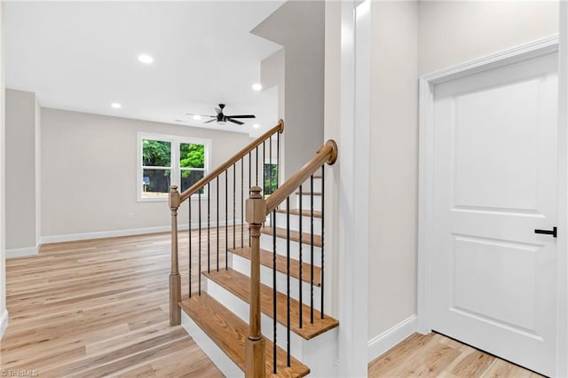 3630 Old Vineyard Rd, Winston-Salem, NC 27104 - staircase featuring wood finished floors, ceiling fan, baseboards, and recessed lighting