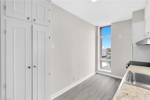 1101 N Elm St Unit 904, Greensboro, NC 27401 - kitchen with wood finished floors, baseboards, white cabinetry, and light countertops