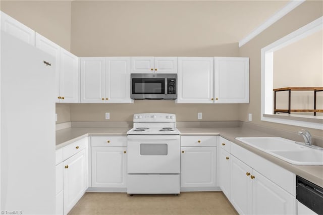 kitchen featuring stainless steel microwave, white electric range, a sink, dishwasher, and white cabinetry