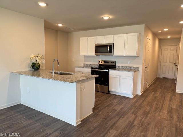 2210 Cranberry Way, Salisbury, NC 28147 - kitchen with stainless steel appliances, light stone counters, white cabinetry, a peninsula, and dark wood-type flooring