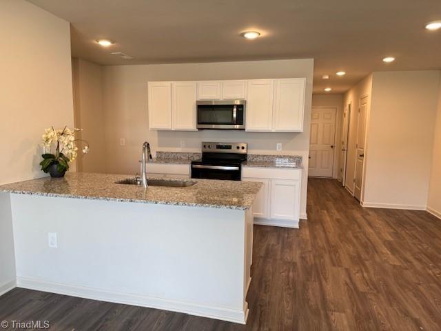 2210 Cranberry Way, Salisbury, NC 28147 - kitchen featuring stainless steel microwave, range with electric stovetop, light stone counters, a peninsula, and dark wood-type flooring