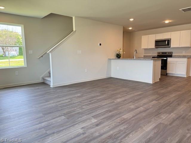 2210 Cranberry Way, Salisbury, NC 28147 - kitchen with stainless steel appliances, recessed lighting, white cabinetry, wood finished floors, and a peninsula