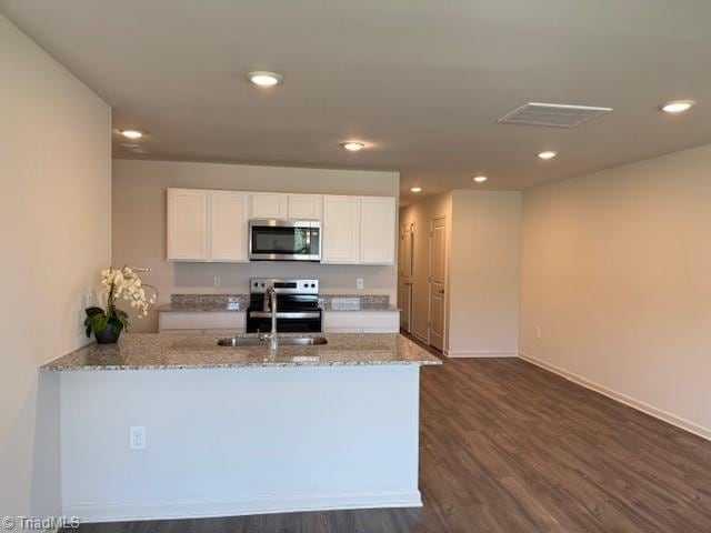 2210 Cranberry Way, Salisbury, NC 28147 - kitchen with appliances with stainless steel finishes, light stone counters, white cabinets, recessed lighting, and dark wood-type flooring
