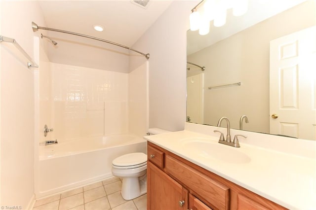 full bathroom with toilet, vanity, tub / shower combination, and tile patterned floors