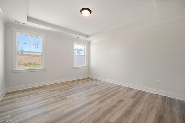 spare room with a healthy amount of sunlight, light hardwood / wood-style flooring, and a raised ceiling