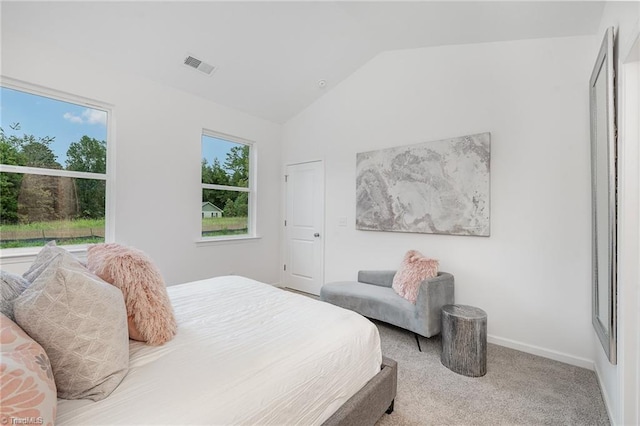 carpeted bedroom with lofted ceiling