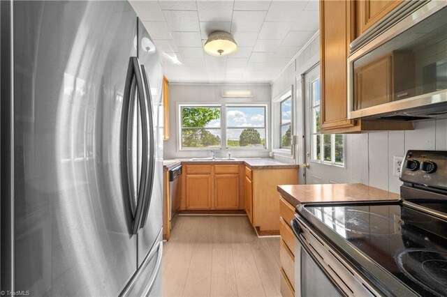 kitchen featuring appliances with stainless steel finishes, light countertops, light wood finished floors, and a sink