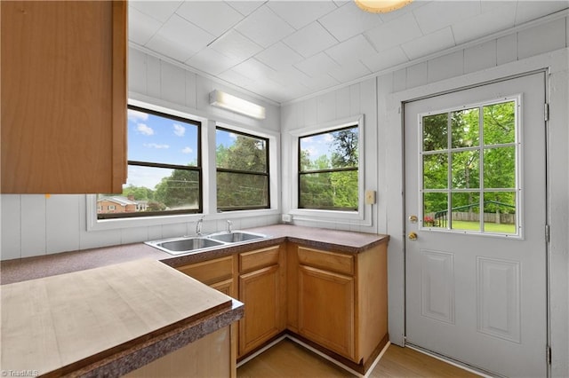 kitchen featuring ornamental molding, a sink, and brown cabinets