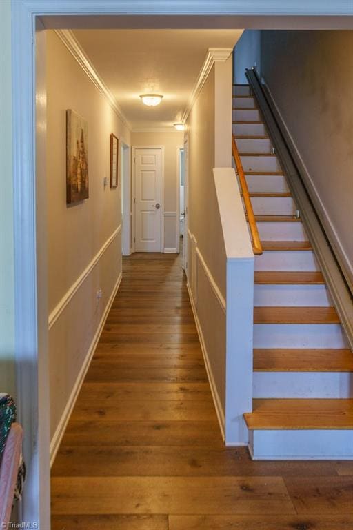 hall with ornamental molding and wood-type flooring