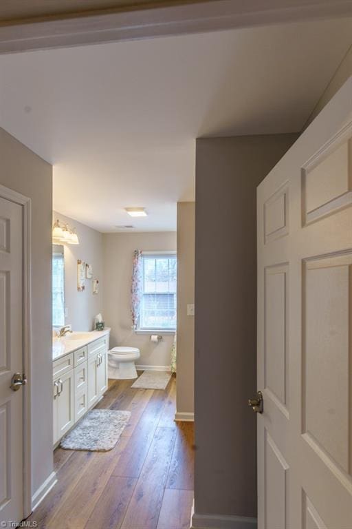 bathroom with vanity, hardwood / wood-style floors, and toilet