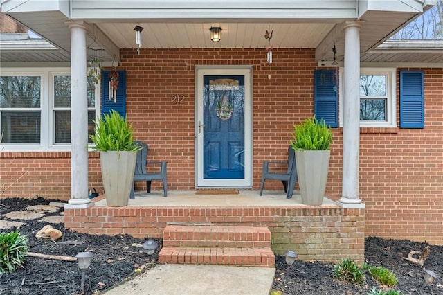 view of exterior entry with brick siding and covered porch