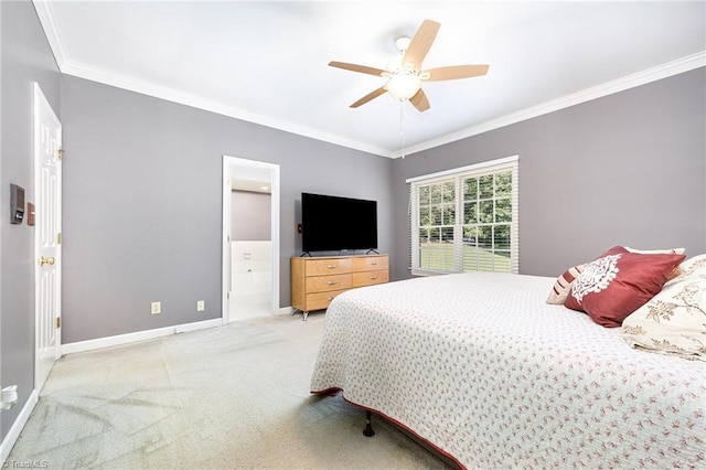 4904 Landaff Dr, Greensboro, NC 27406 - bedroom with ornamental molding, light carpet, baseboards, a ceiling fan, and connected bathroom