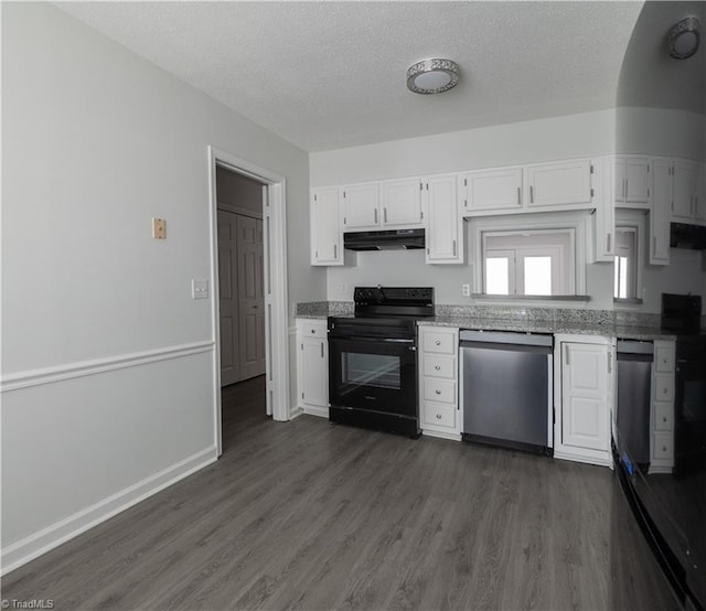 909 Shelby Dr Unit B, Greensboro, NC 27409 - kitchen with electric range, stainless steel dishwasher, under cabinet range hood, dark wood-type flooring, and white cabinetry
