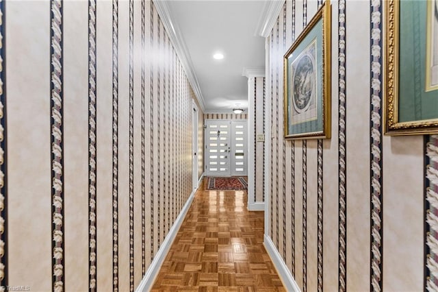 corridor with ornamental molding and parquet floors