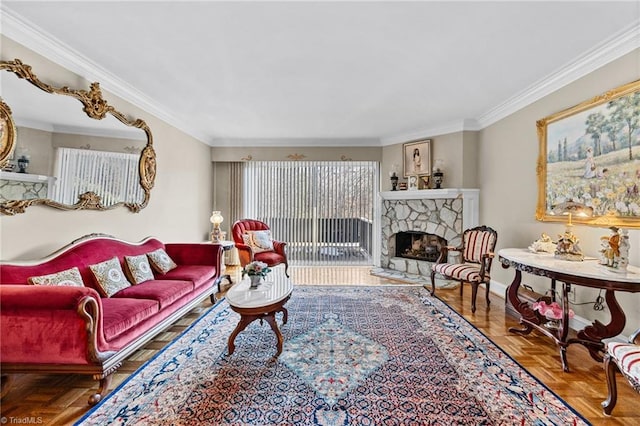 living room featuring ornamental molding, parquet flooring, and a fireplace