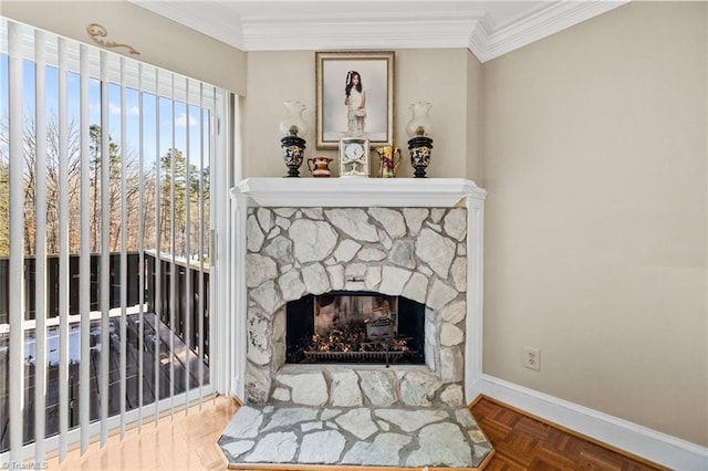 room details with a fireplace, ornamental molding, and parquet flooring