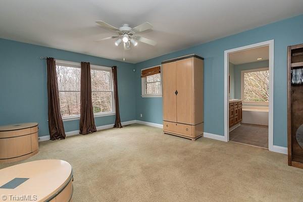 unfurnished room with light colored carpet and ceiling fan