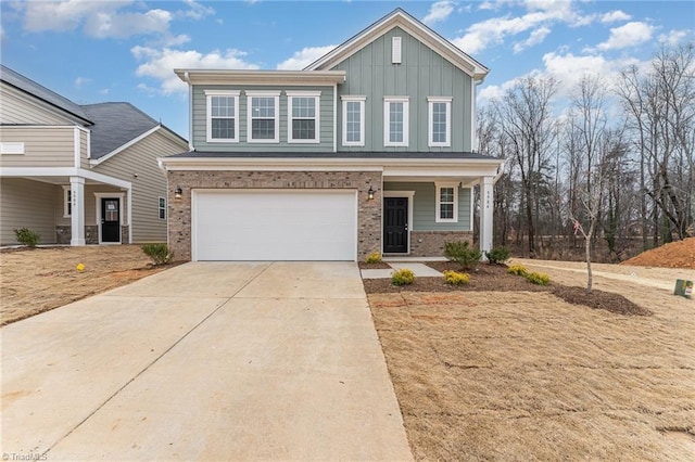 view of front of property featuring driveway, an attached garage, covered porch, board and batten siding, and brick siding